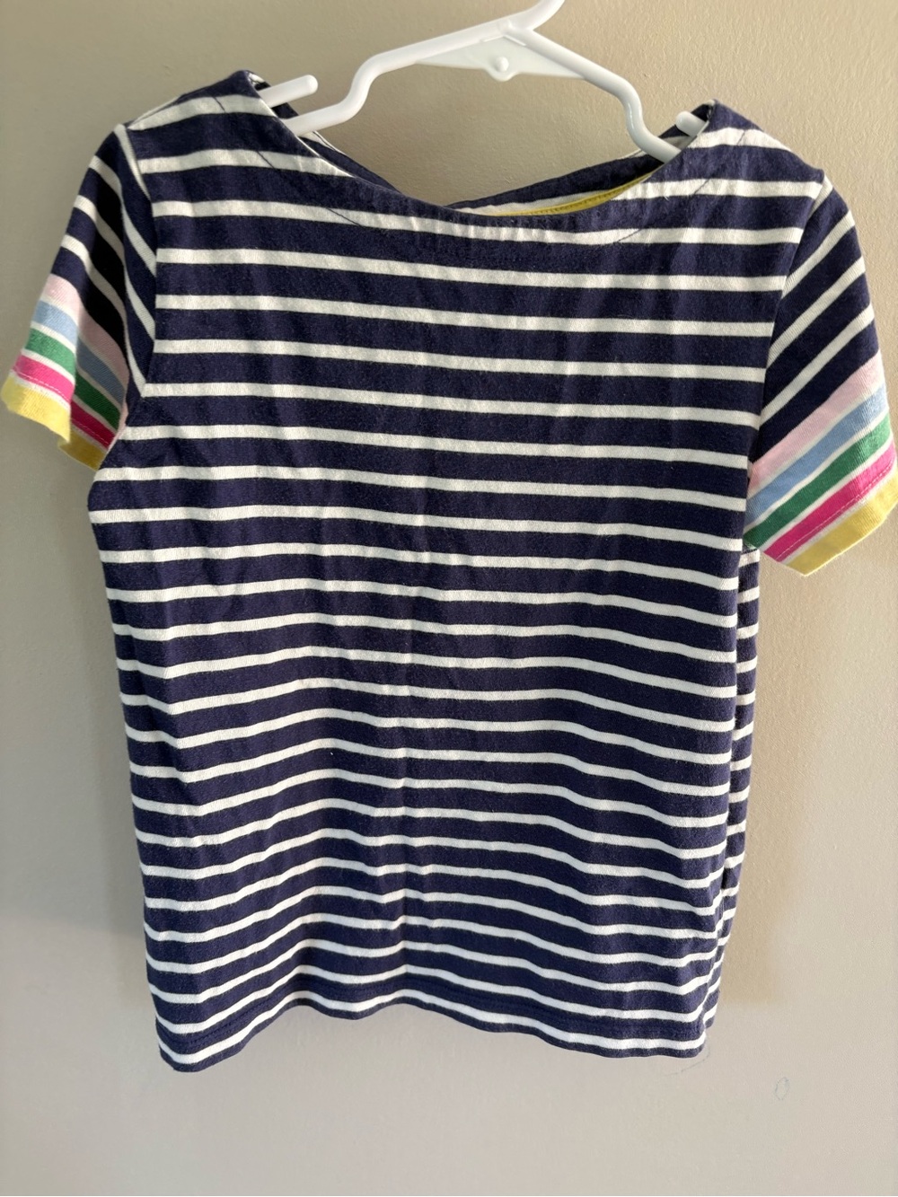 Boden Navy & White Stripe Tee with Multicolor Sleeve Bands